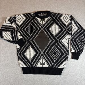VTG Impact Sweater Black/White Acrylic Diamond Leather Patch Sz XL 80s‎ 90s